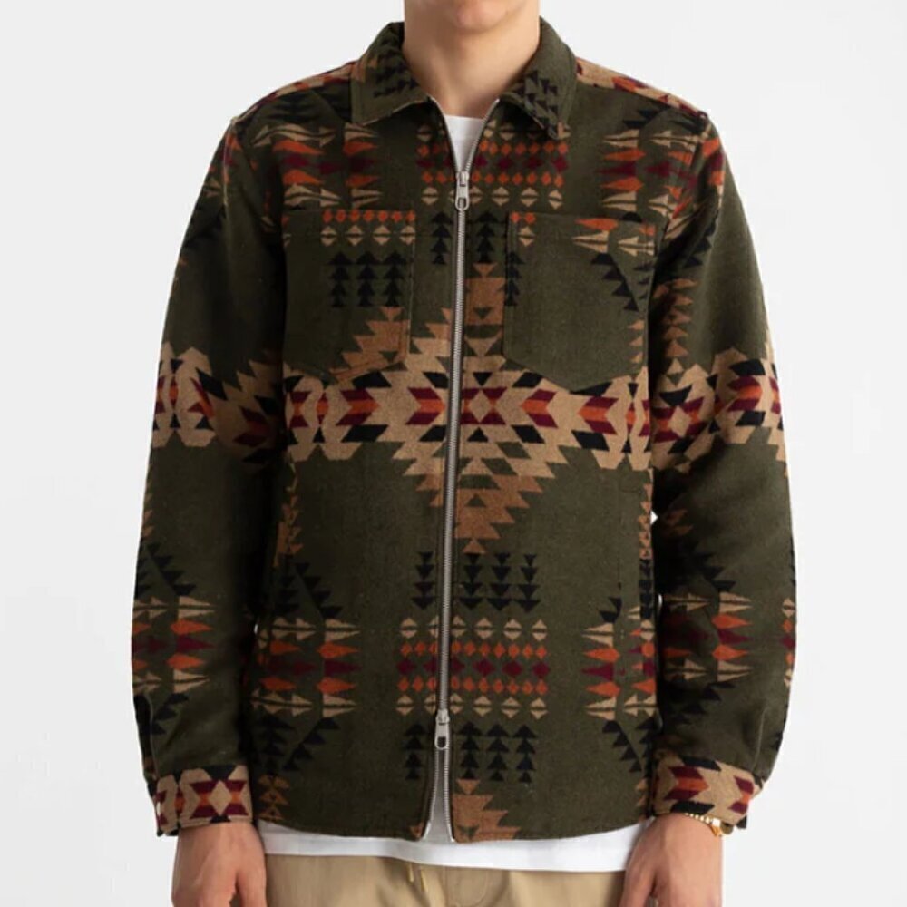 REVOLUTION Fleece Jacket Shirt Zip Navajo-Inspired Dark Green Size M
